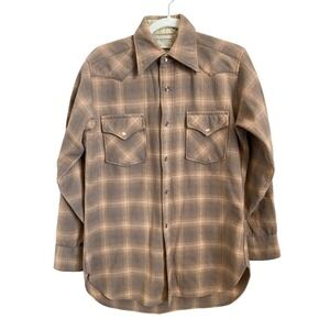 Vintage Pendleton High Grade Western Wear Wool Plaid Pearl Snap Shirt Mens M Tan
